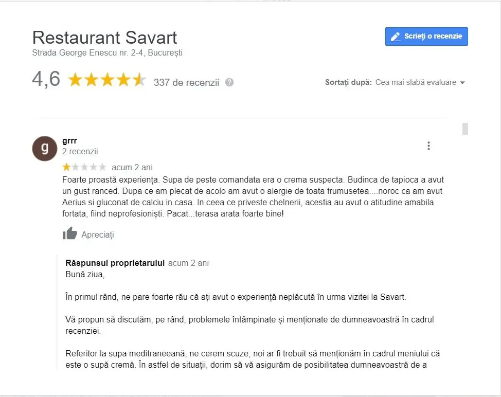 idei de marketing online pentru restaurante, recenzie negativa restaurant