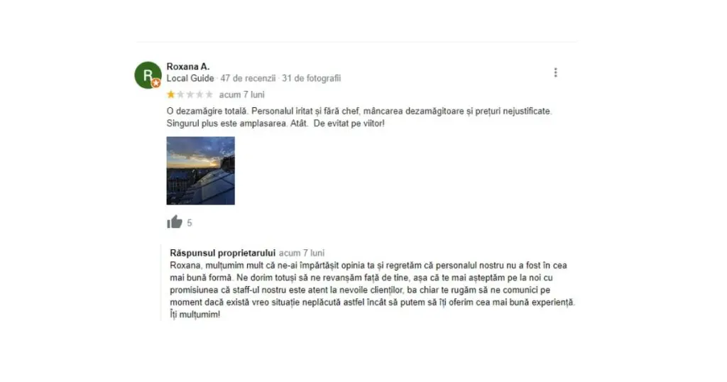 cum sa abordezi pozitiv recenziile negative, adreseaza-te pe nume, screenshot recenzie restaurant