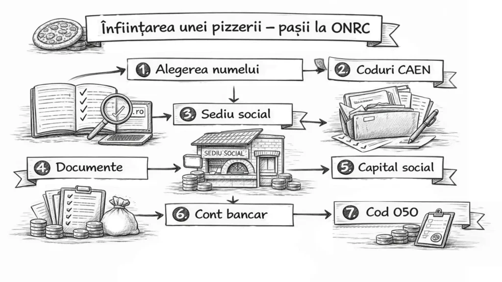 pașii la ONRC pentru înființarea unei pizzerii, alegerea numelui, coduri CAEN, sediu social, documente, capital social și cont bancar