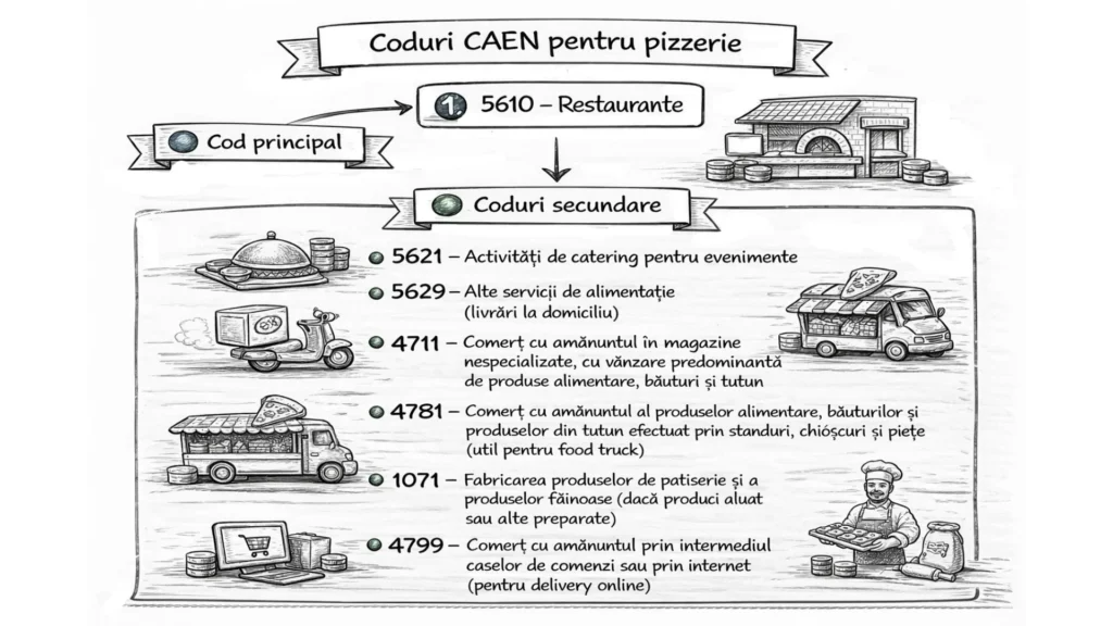Coduri CAEN pentru pizzerie – cod principal 5610 Restaurante și coduri secundare pentru catering, delivery, food truck, comerț alimentar și vânzări online.