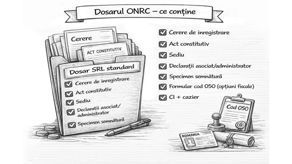 dosarul ONRC pentru înființarea unei pizzerii, cerere de înregistrare, act constitutiv, sediu, declarații, specimen semnătură și cod 050