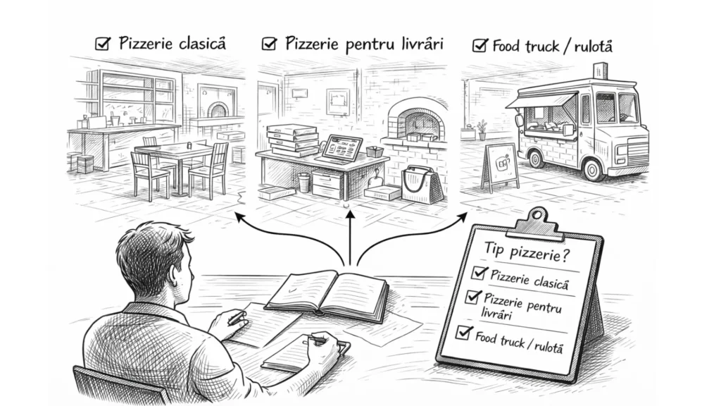 tipuri de pizzerie – pizzerie clasică cu cu locuri pentru servire, pizzerie pentru livrări și food truck sau rulotă