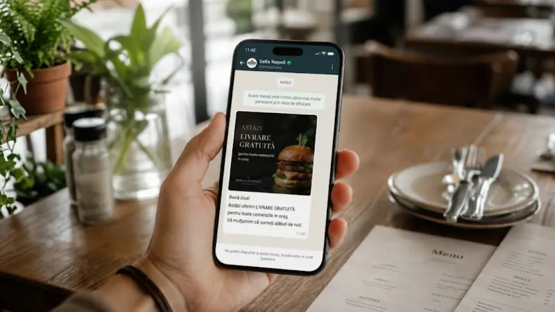 Mesaj promoțional trimis prin WhatsApp Business de un restaurant