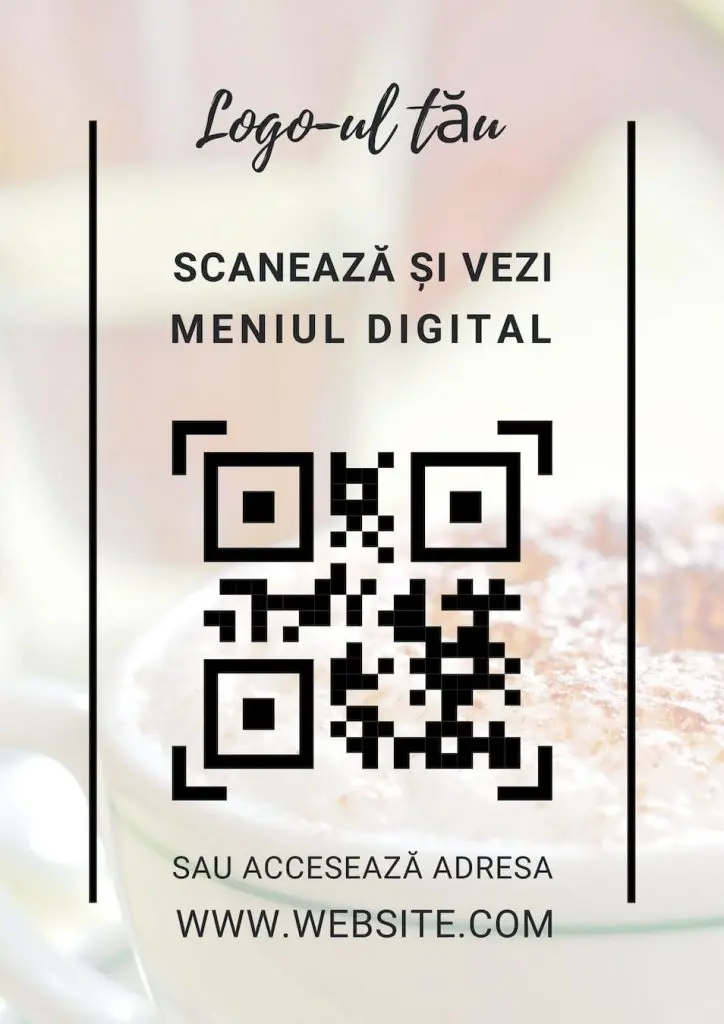 Design vertical pentru cod QR meniu digital, cu spațiu dedicat pentru logo-ul restaurantului și adresă web.