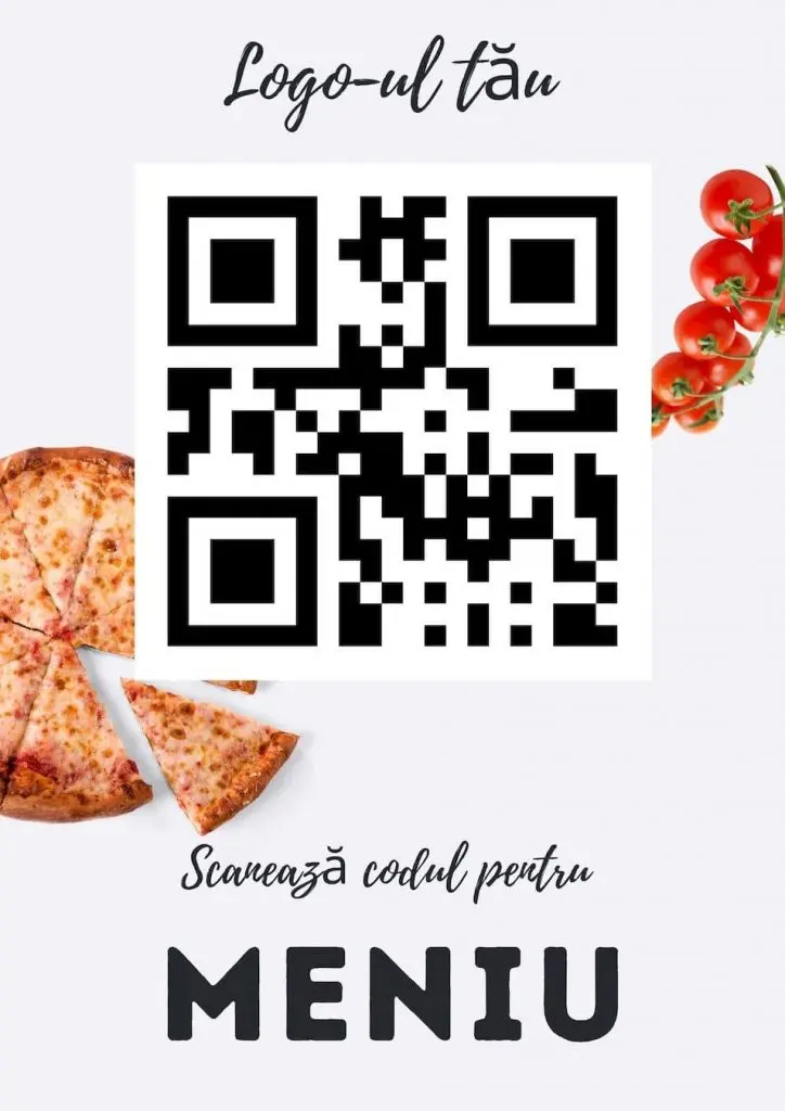 Design vertical pentru cod QR meniu digital de restaurant, decorat cu elemente grafice de pizza și roșii.