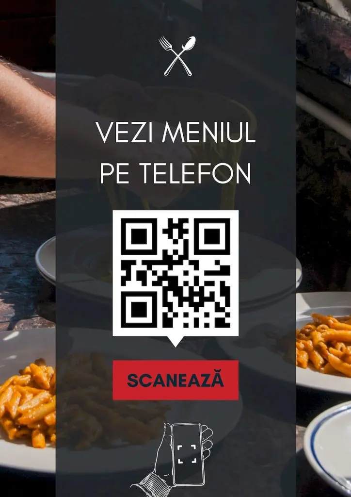 Design vertical pentru cod QR meniu digital cu buton grafic distinct de „Scanează” și iconiță de telefon.