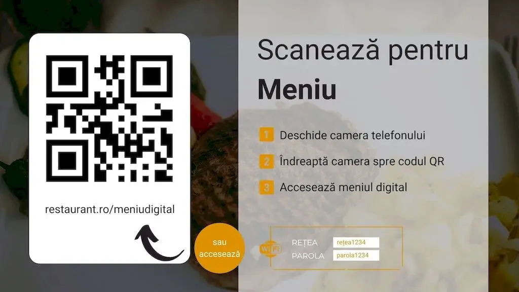 Cod QR orizontal pentru meniul digital care include și instrucțiuni pentru accesul la rețeaua Wi-Fi a restaurantului.