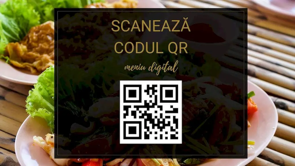 Cod QR pentru meniul digital al restaurantului, plasat central peste o imagine cu preparate culinare.