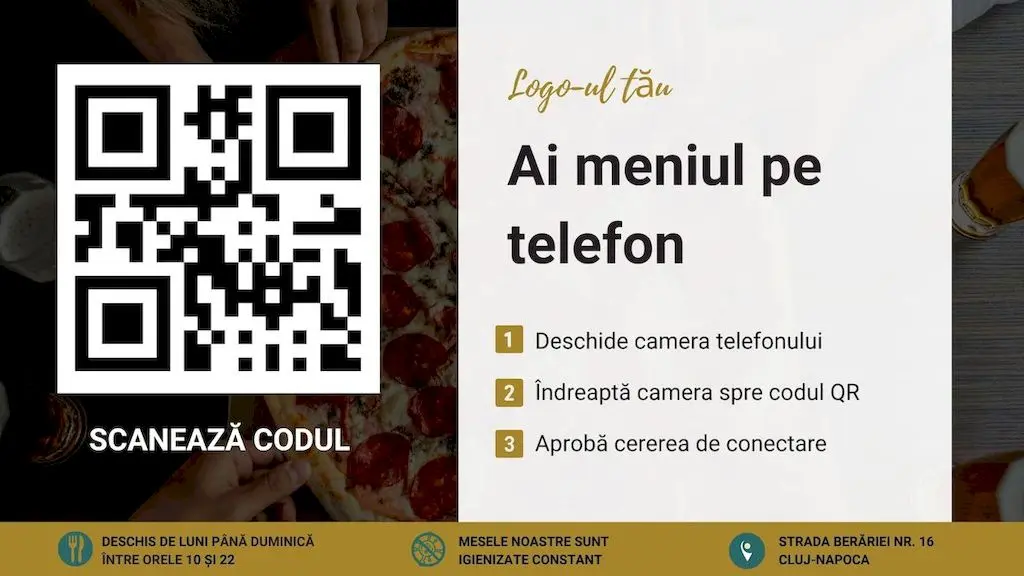 Design orizontal pentru cod QR meniu restaurant, cu instrucțiuni de scanare și program de funcționare la bază.