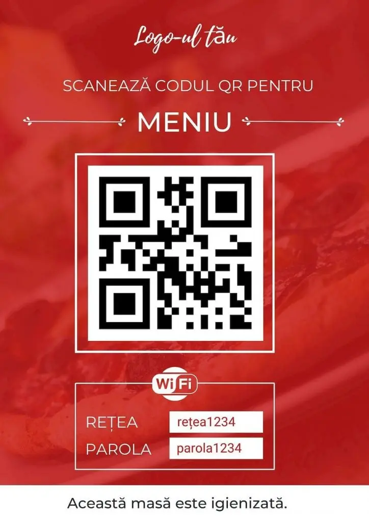 Exemplu vertical de cod QR meniu digital restaurant care oferă și credențialele pentru Wi-Fi.