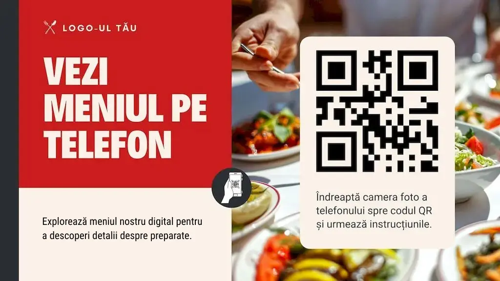 Cod QR orizontal pentru meniul digital al restaurantului cu mesaj „Vezi meniul pe telefon”.