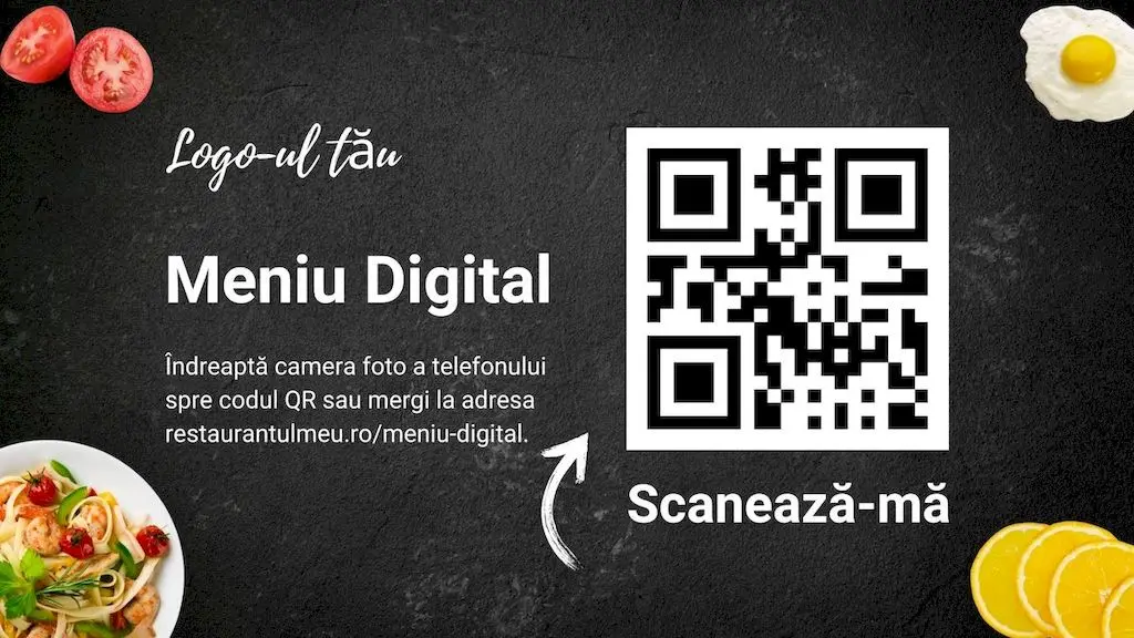 Exemplu de cod QR orizontal pentru meniul digital al restaurantului, cu design elegant pe fundal negru texturat.