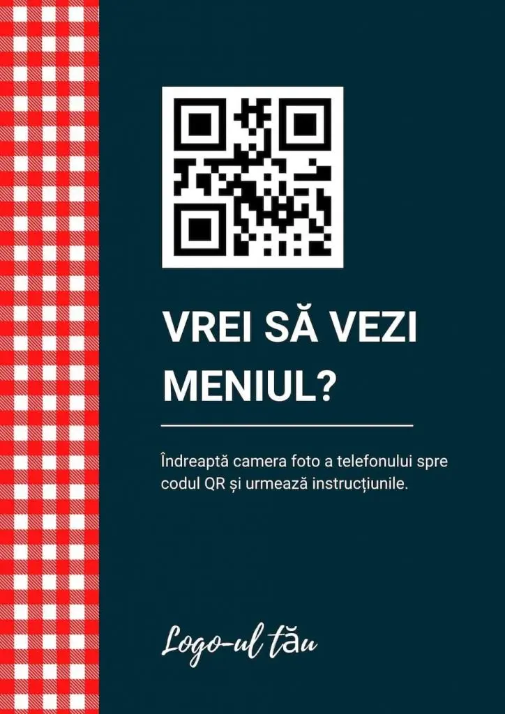 Cod QR vertical cu un design modern, decorat cu model în carouri roșii, pentru meniul digital al restaurantului.
