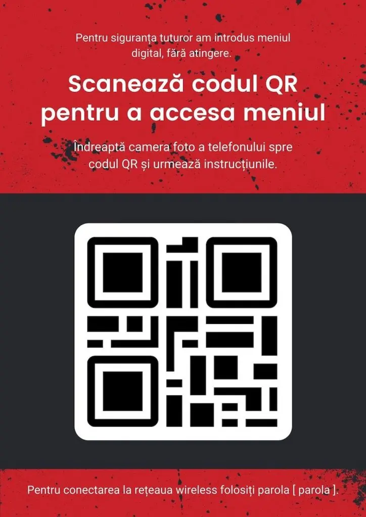 Model vertical pentru cod QR meniu digital restaurant, subliniind conceptul de experiență „fără atingere”.