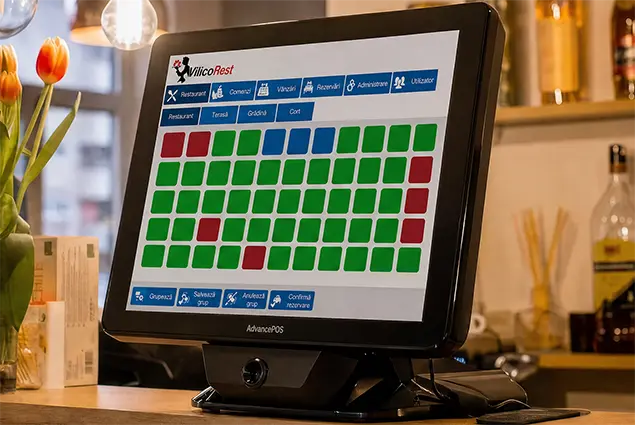 program pos, terminal pos cu programul VilicoRest, fundal restaurant, lumina, lalele