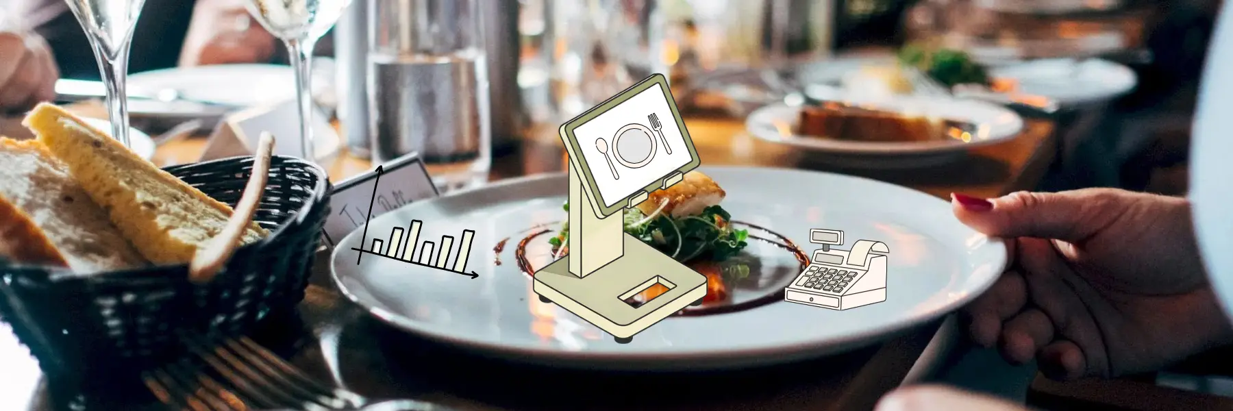 Program POS pentru restaurante, terminal și elemente grafice cu background restaurant.